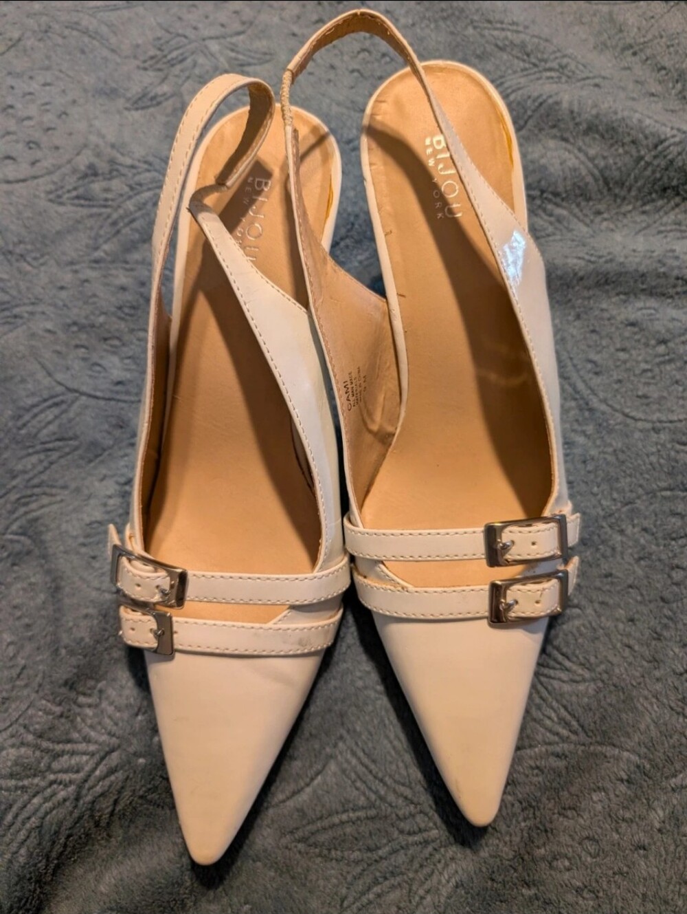 VTG Y2K Bijou New York Cream Patent Buckle Pointed Toe Slingback Heels
